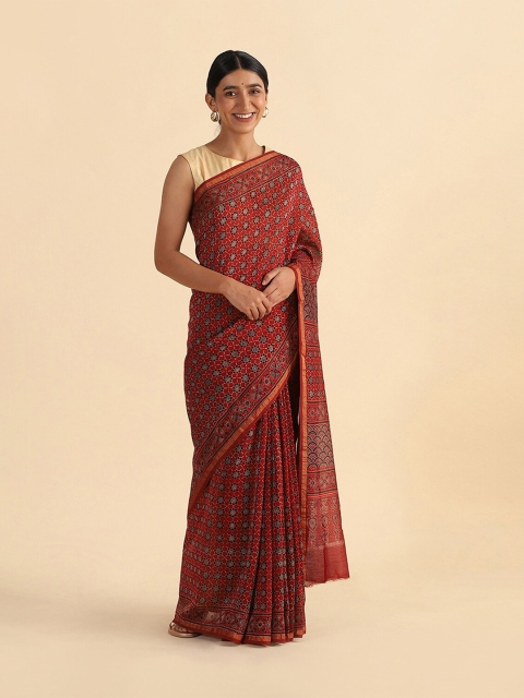 

Taneira Red Zari Silk Cotton Block Print Saree