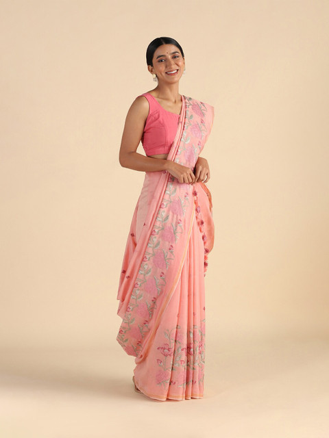 

Taneira Pink & Green Floral Zari Silk Cotton Saree
