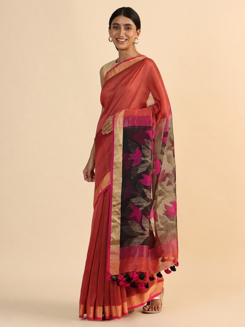 

Taneira Pink & Black Woven Design Zari Pure Silk Jamdani Saree
