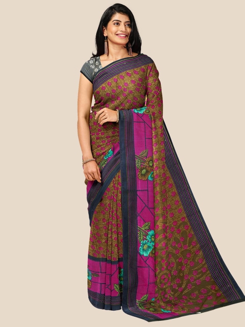 

Kalamandir Olive Green & Pink Floral Pure Georgette Saree