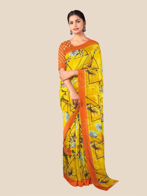 

Kalamandir Yellow & Orange Floral Pure Crepe Saree
