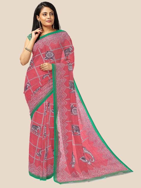 

Kalamandir Pink & Cream-Coloured Checked Pure Georgette Saree