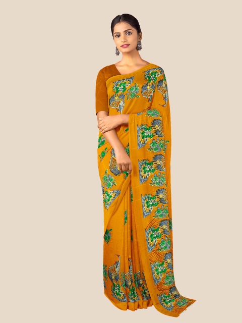 

Kalamandir Mustard & Green Floral Zari Pure Crepe Saree