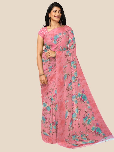 

Kalamandir Pink & Blue Floral Pure Georgette Saree