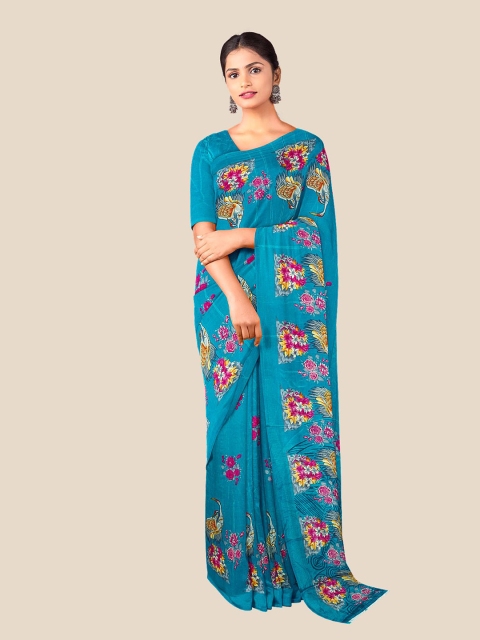 

Kalamandir Blue & Pink Floral Pure Crepe Saree