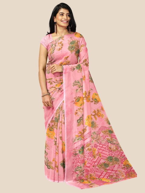 

Kalamandir Pink & Yellow Floral Pure Georgette Saree