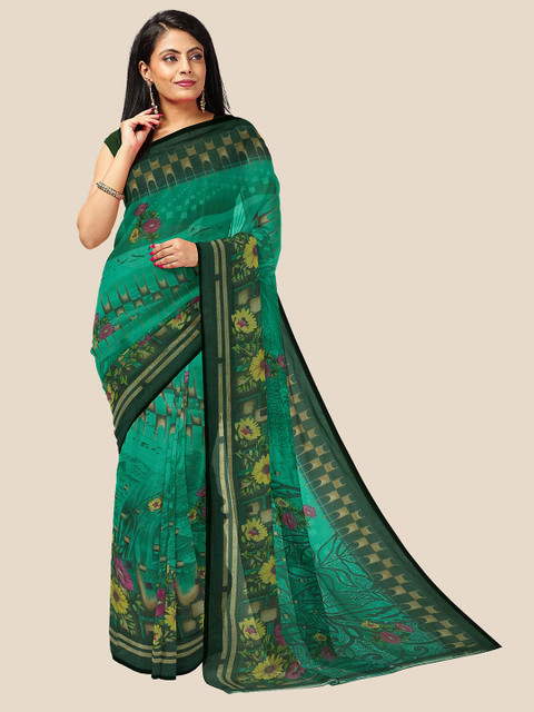 

Kalamandir Green & Yellow Floral Pure Georgette Saree