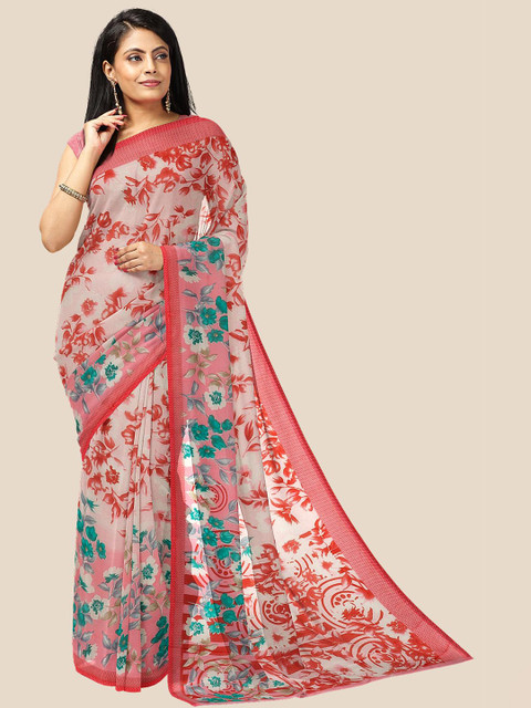 

Kalamandir Pink & White Floral Printed Pure Georgette Saree