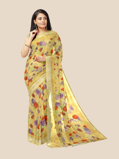

Kalamandir Cream-Coloured & Purple Floral Pure Georgette Saree