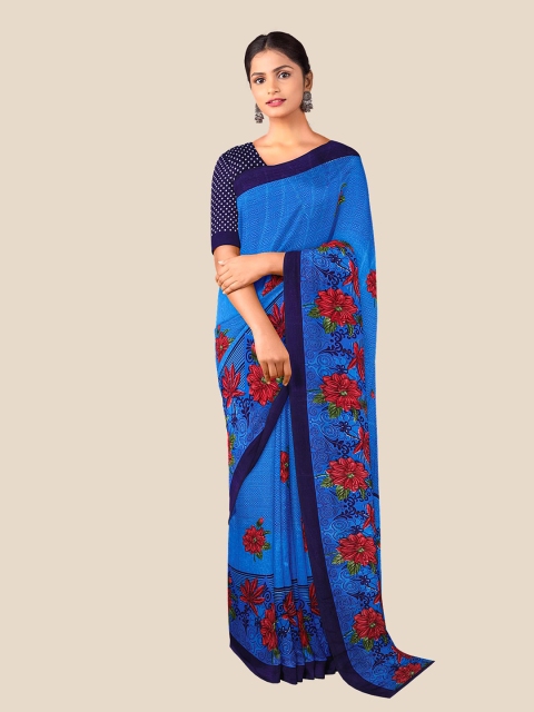

Kalamandir Blue & Red Floral Pure Crepe Saree