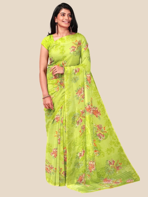 

Kalamandir Lime Green & Pink Floral Pure Georgette Saree