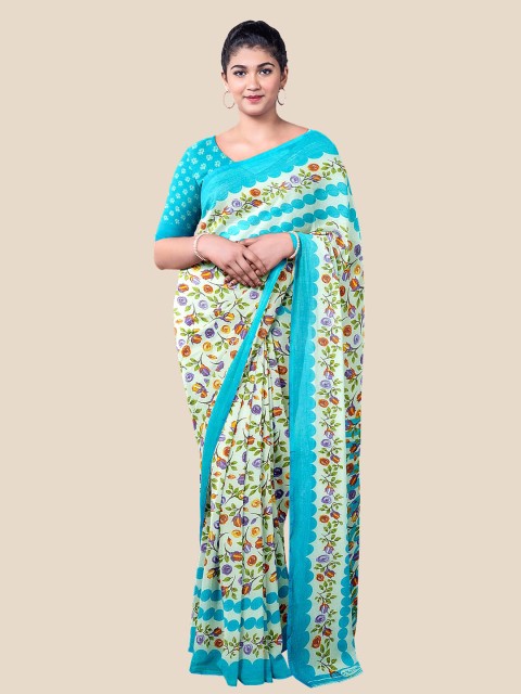

Kalamandir Off White & Blue Floral Pure Georgette Saree