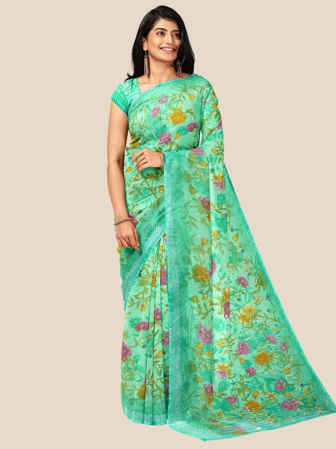

Kalamandir Sea Green & Yellow Floral Pure Georgette Saree
