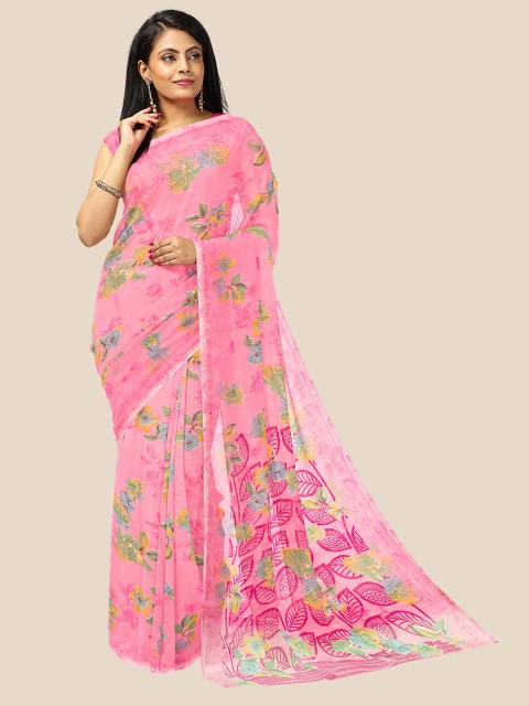 

Kalamandir Pink & Green Floral Pure Georgette Saree