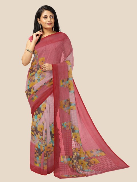 

Kalamandir Pink & Green Checked Pure Georgette Saree