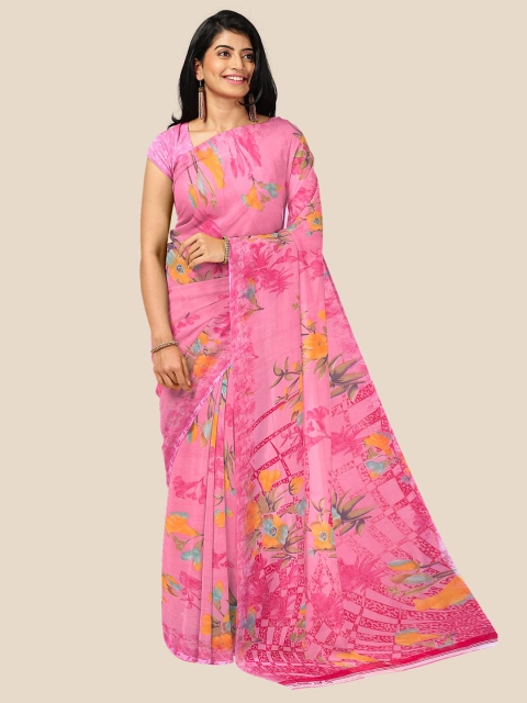 

Kalamandir Pink & Yellow Floral Pure Georgette Saree