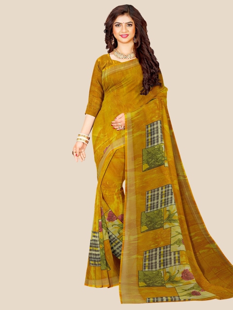

Kalamandir Mustard Yellow & Green Floral Pure Georgette Saree