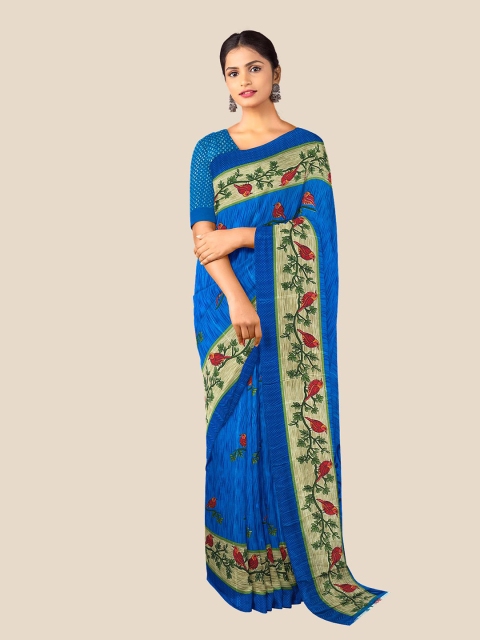 

Kalamandir Blue & Green Floral Pure Crepe Saree