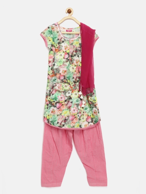 

Biba Girls Green & Pink Floral Print Kurta Set with Dupatta