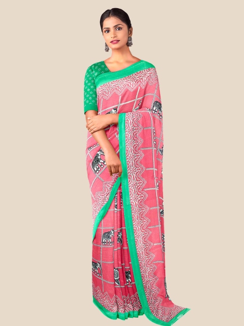 

Kalamandir Pink & Green Floral Pure Crepe Saree