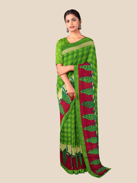 

Kalamandir Green & Blue Checked Zari Pure Crepe Saree