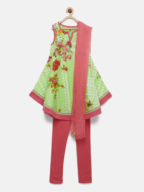 

Biba Girls Green & Pink Floral Print Anarkali Kurta Set with Dupatta