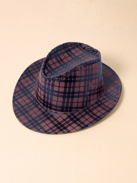 

Golden Peacock Men Brown & Navy Blue Checked Faux Leather Cowboy Sun Hat