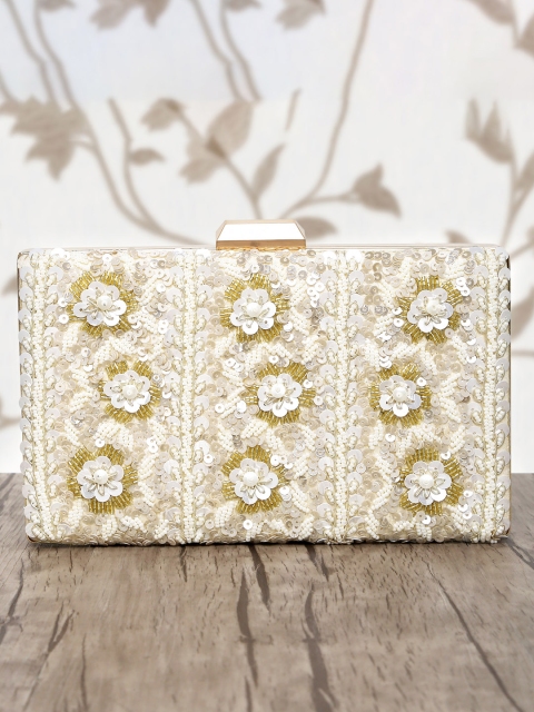 

Peora White & Gold-Toned Embellished Box Clutch