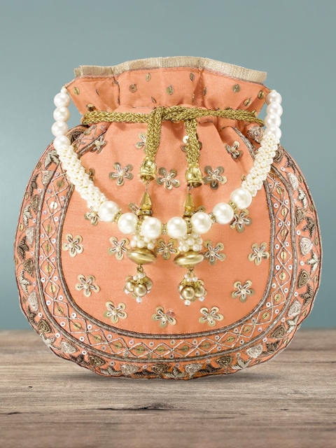 

Peora Peach-Coloured & Gold-Toned Embroidered Potli Clutch