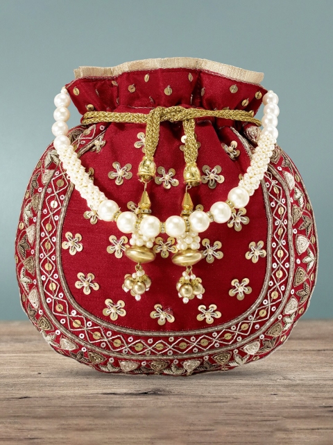 

Peora Women Red Embellished Embroidered Wedding Potli Clutch