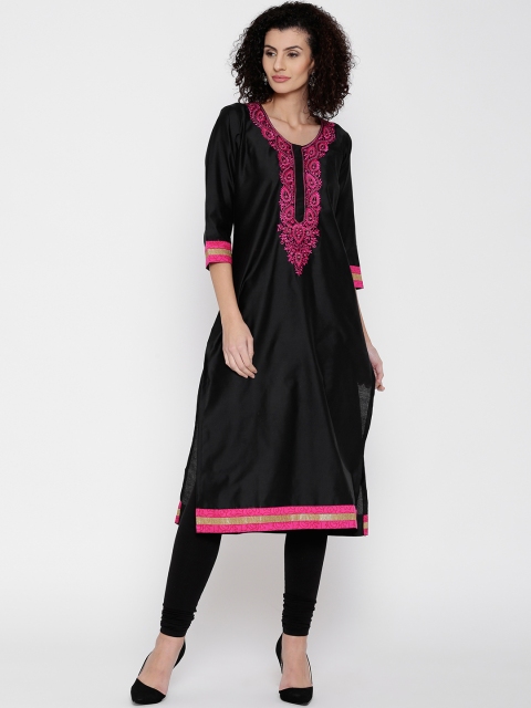 

Jashn Women Black Embroidered Straight Kurta