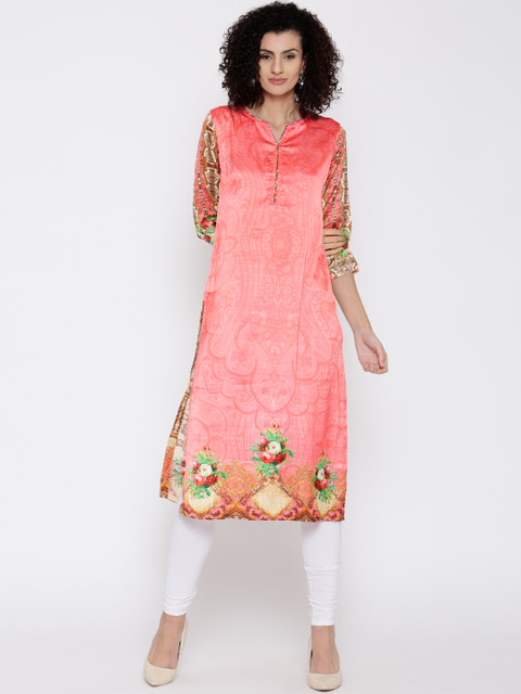 

Jashn Women Coral Pink Satin Printed Straight Kurta