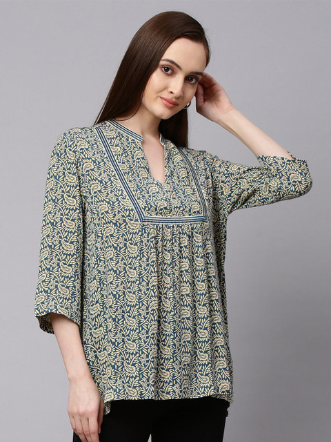 

Chemistry Teal Green & Yellow Floral Print Mandarin Collar Crepe Empire Top