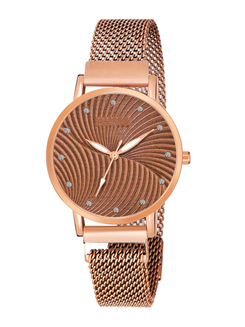 

Rage Enterprise Women Brown Brass Embellished Dial & Rose Gold Toned Stainless Steel Bracelet Style Straps Watch
