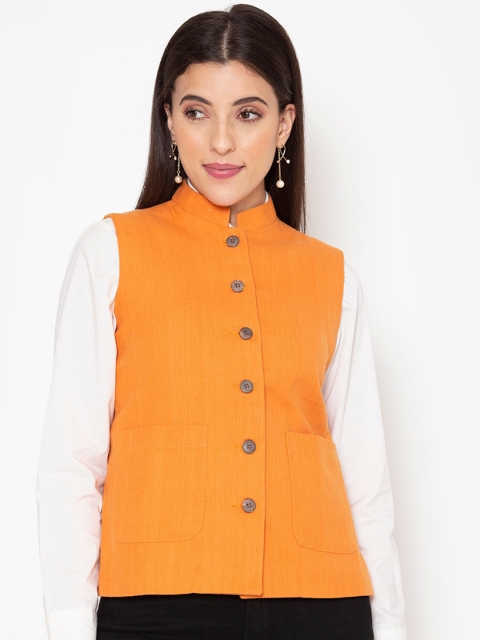 

Ekmatra Women Orange Solid Woven Pure Cotton Khadi Nehru Jackets