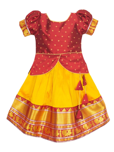

AMIRTHA FASHION Girls Maroon & Yellow Ready to Wear Lehenga