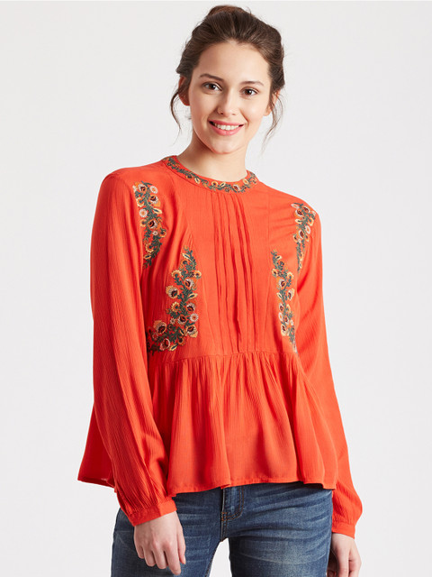 

COVER STORY Orange Embroidered Top