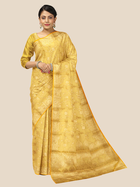 

Kalamandir Yellow & Gold-Toned Woven Design Zari Silk Blend Saree