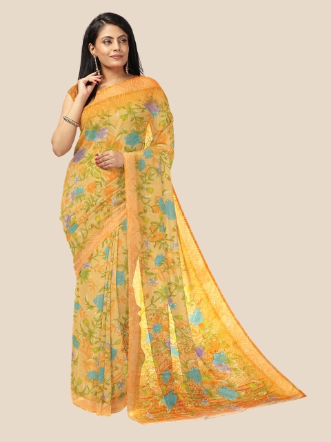 

Kalamandir Yellow & Blue Floral Pure Georgette Saree