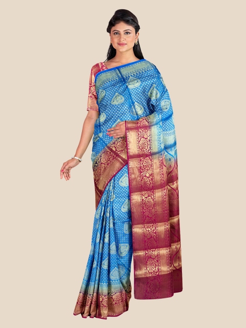 

Kalamandir Turquoise Blue & Golden Ethnic Motifs Silk Blend Banarasi Saree