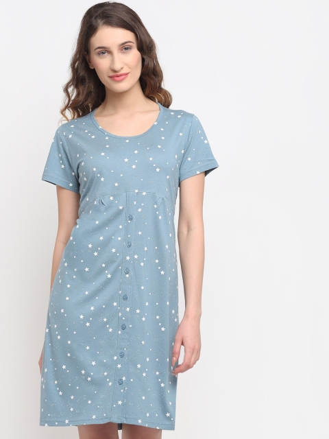 

Kanvin Women Blue Stars Print Pure Cotton Nightdress