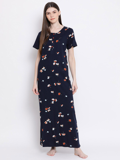 

Kanvin Navy Blue Printed Cotton Maxi Nightdress