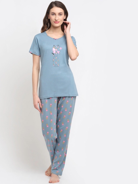 

Kanvin Women Blue & Pink Printed Pure Cotton Night suit