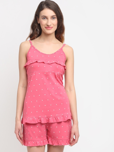 

Kanvin Women Pink Polka Dots Print Ruffled Night Suits