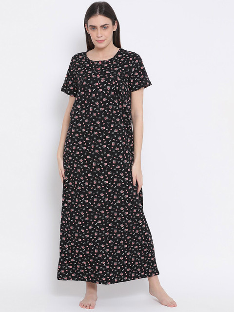 

Kanvin Women Black Floral Print Pure Cotton Maxi Nightdress