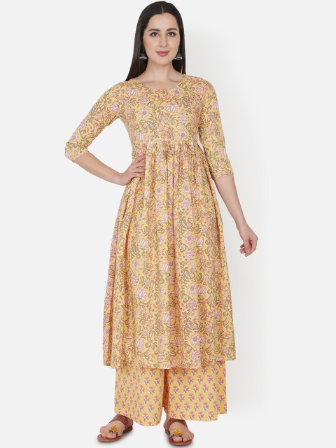 

TRISHLA INDIA Women Yellow Floral Printed Pleated Pure Cotton Kurti with Palazzos