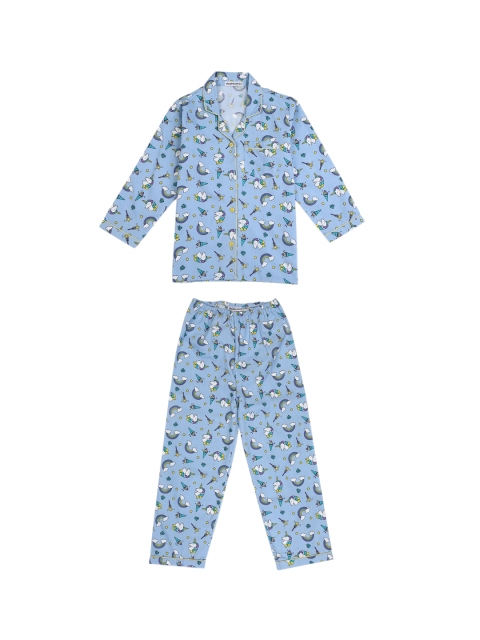 

shopbloom Unisex Kids Blue Printed Cotton Night Suit