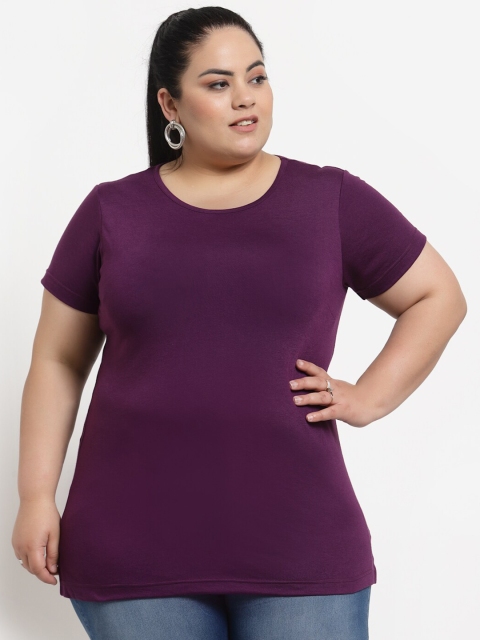 

plusS Plus Size Women Purple Solid Cotton T-shirt