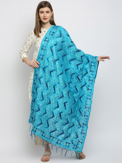 

Dupatta Bazaar Turquoise Blue Ethnic Motifs Embroidered Dupatta with Beads and Stones