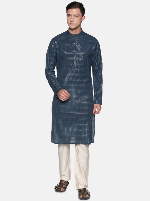 

Saffron Threads Men Teal Blue Checked Pure Cotton Kurta with Pyjamas